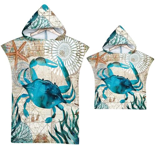 Serviette De Plage Avec Capuche, Couverture De Plage Légère, Anti-Sable Et À Séchage Rapide-Motif De Crabe,75x65cm Enfants Lvv3235