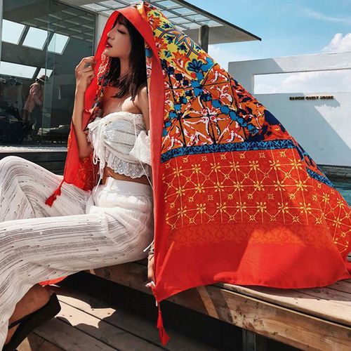 Echarpe En Coton Et Lin Ethnique De Soie De Vent Foulard De Protection Solaire Grand Châle Femme Serviette De Plage #Lvg4721