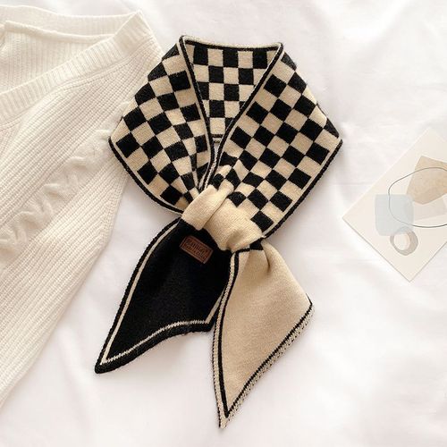 Petite Écharpe Décorative Chaude En Laine Tricotée À Motif De Damier Pour Femmes #Lvg4727