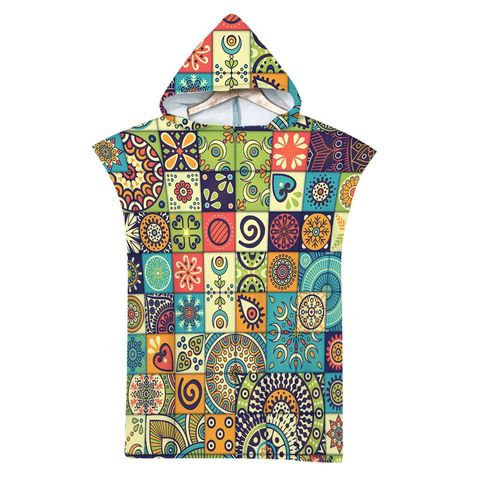 Serviette De Plage Avec Capuche, Couverture De Plage Légère, Anti-Sable Et À Séchage Rapide-Motif De Vintage Géométrique,70x90cm Enfants Lvv3744