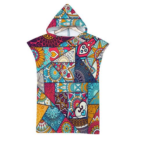 Serviette De Plage Avec Capuche, Couverture De Plage Légère, Anti-Sable Et À Séchage Rapide-Motif De Rétro Géométrique,75x65cm Enfants Lvv4121