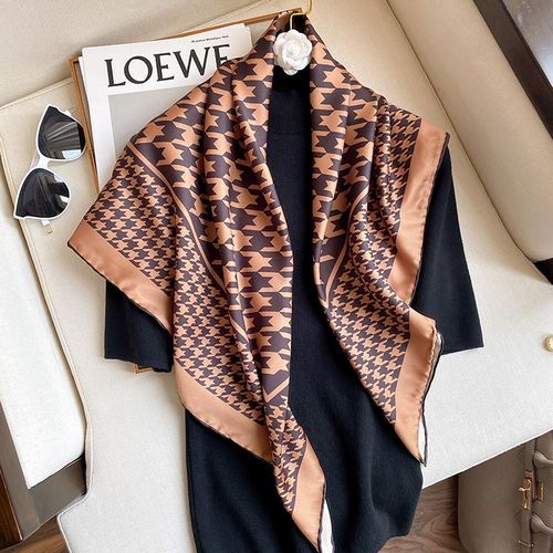 Écharpe En Soie Marron Imprimée Motif Géométrique Décoratif Écharpe En Sergé Pour Femmes #Lvg5619