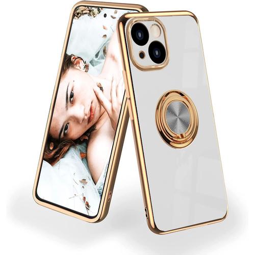 Coque Pour Iphone 14 Plus (6.7\U201d),Etui De Très Mince Placage Pc Avec Magnétique Support De Bague,Housse De Élégant Miroir Silicone Brillant Cover Case,Blanc