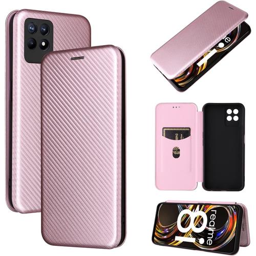 Coque Pour Oppo Realme 8i,Housse Étui En Fibre De Carbone Cuir Flip Portefeuille Avec Espèces Et Carte Fente,Pc/Tpu Antichoc Protection Phone Case Cover-Rose