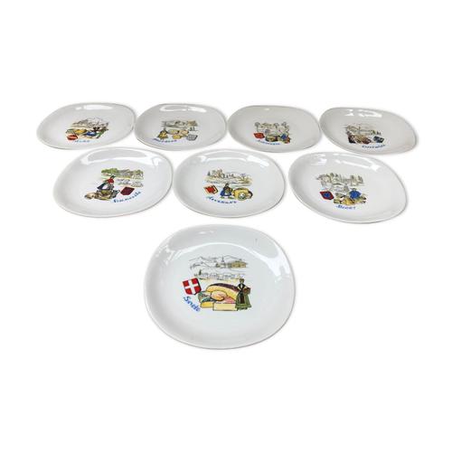 Srie 8 Anciennes Assiettes Berry Haute Porcelaine Dcor Rgions Vintage Blanc