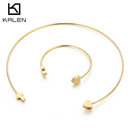 Bracelet Design Croix Coeur Ouvert Collier Jonc Ensemble Titane Acier Lvn222