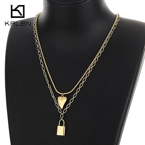 Creative Stacked Sweater Chain Double Heart Lock Collier En Acier Au Titane Pour Femmes Lvn241