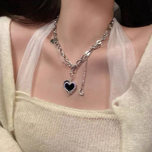Zircon Coeur Noir Couture Collier Femme Clavicule Chaîne Doux Cool Titane Acier Lvn488