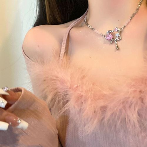 Pêche Coeur Amour Gouttes D'eau Liquéfaction Métal Rose Zircon Doux Cool Collier Court Femmes Lvn509