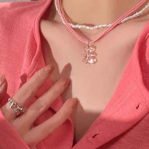 Début Du Printemps Perle Rose Collier Double Ours Mignon Collier Chaîne Clavicule Empilée Lvn556