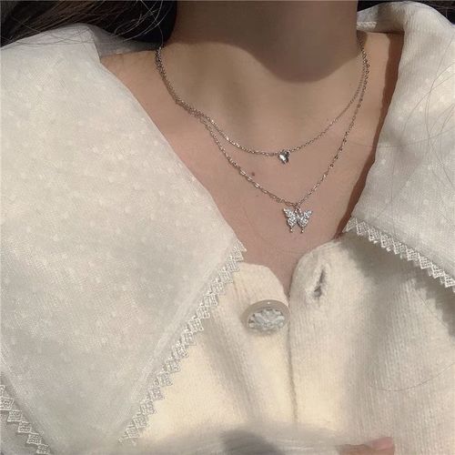 Collier Papillon Double Couche Flash Diamant Printemps Et Collier De Marée D'été Femme Ins Chaîne De La Clavicule Lvn770