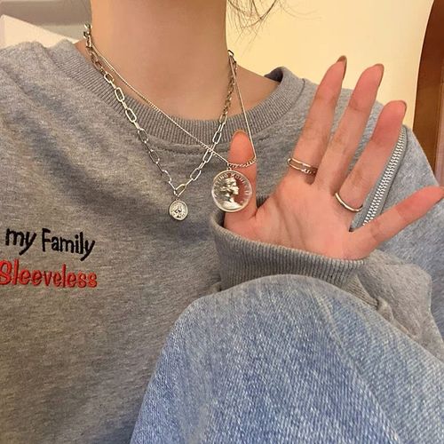 Doux Cool Portrait Tête Double Collier Filles Chandail Chandail Chaîne Clavicule Chaîne Lvn872