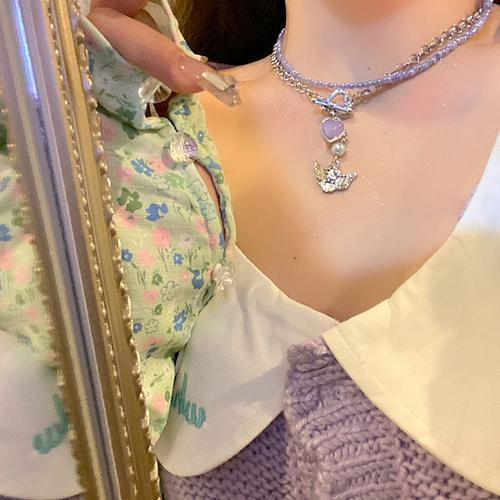 Fille De Dieu Pervenche Bleu Violet Jade Amour Petit Ange Collier Multicouche Chaîne De Clavicule Lvn842