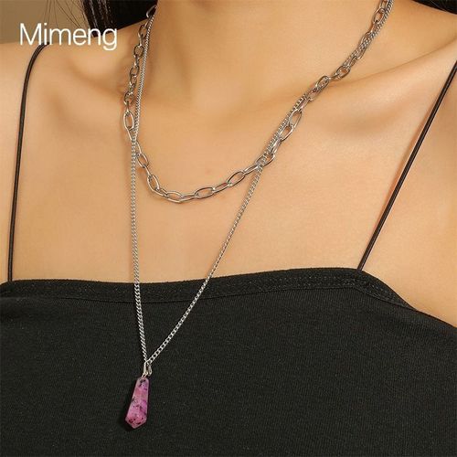 Colonne Hexagonale Point De Riz Violet Chaîne Mince Double Couche Collier Cheveux Raides Pour Femmes Lvn967