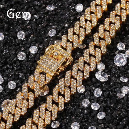 12mm Bar Chaîne Cubaine Collier Homme Plaqué Or Plein Diamant Alliage Hip Hop Collier Lvn1170