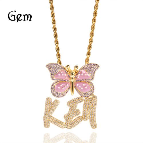 Hip Hop Alphabet Collier Goutte D'huile Papillon Boucle Tête Double Herbe Corps Diamant Collier Lvn1273