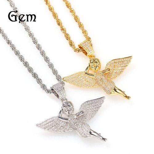 Hip-Hop Plaqué Or Ailes Ange Pendentif Collier Micro-Incrusté Zircon Punk Hipster Pendentif Lvn1681