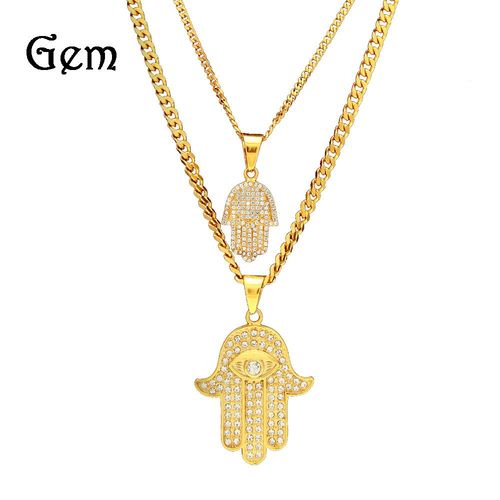 Hip Hop Homme Acier Inoxydable Diamant Main De Fatima Collier Lot De 2 Lvn1745
