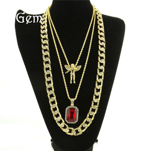 Collier En Alliage Hiphop Hip Hop Diamant Rubis Collier Pour Hommes Ensemble Deux Lvn1803