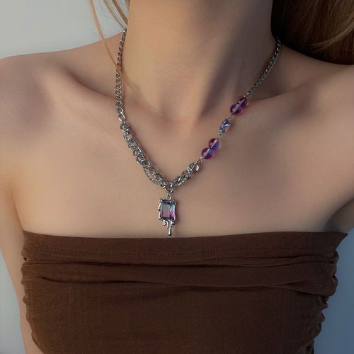Collier De Boule De Couture De Diamant Carré Violet Doux Et Frais Femelle Ins Chaîne De Clavicule Hip-Hop Lvn1834