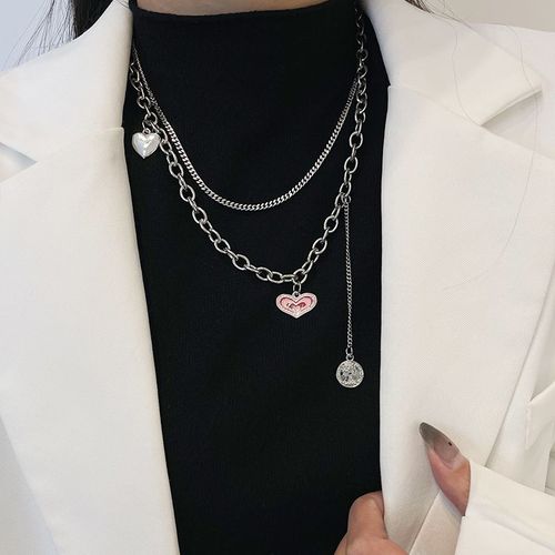Titane Acier Double Couche Rose Amour Collier Femme Sweet Cool Spice Girl Ins Hip Hop Avec Chaîne De Chandail Lvn1874
