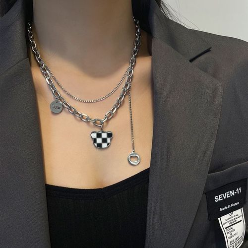 Collier Ours En Damier Noir Et Blanc Femme Acier Titane Sens Ins Hip-Hop Double Couche Ne Se Décolore Pas Chaîne Clavicule Lvn1867
