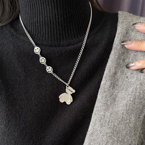 Doux Et Cool Ours Couture Smiley Visage Collier En Acier Titane Femme Ne Se Décolore Pas Ins Hip-Hop Doux Et Cool Chandail Chaîne Homme Lvn1924