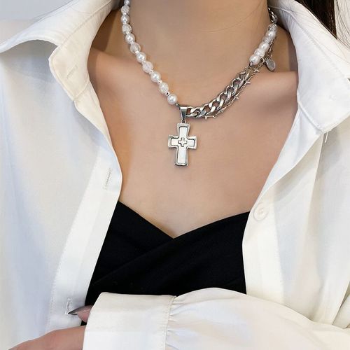 Ins Hip Hop Croix Pendentif Perle Collier Sentiment Clavicule Chaîne Court Tour De Cou Femmes Lvn1923