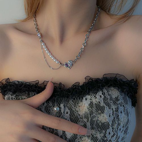 Collier De Perles De Couture D'amour De Diamant Violet Et Blanc Doux Et Frais Femme Ins Chaîne De Clavicule Hip-Hop Lvn1910