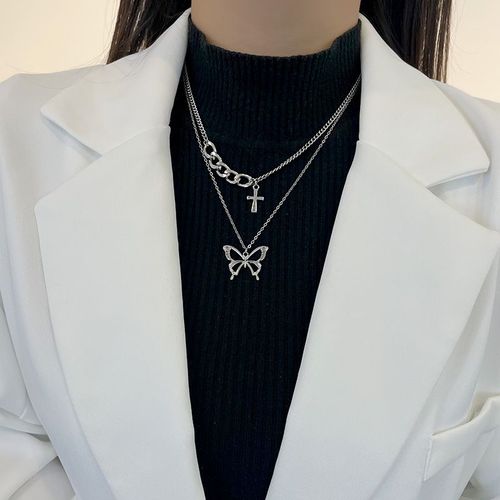 Double Couche Portant Collier Papillon Titane Acier Ins Hip Hop Chandail Chaîne Femmes Lvn1944