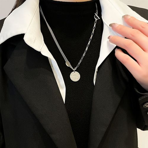 Collier Femme Automne Et Hiver Sentiment Ins Hip-Hop Double Couche Chandail Chaîne Titane Acier Lvn1940