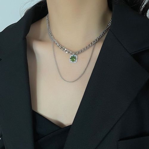 Collier Pendentif Diamant Carré Vert Sens Féminin Collier Double Couche Ins Chaîne Clavicule Lvn1960