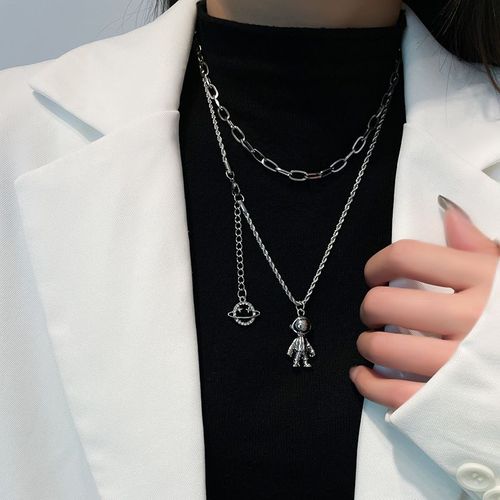 Ins Hip-Hop Astronaute Planète Collier Hommes Double Couche En Acier Au Titane Chandail Pour Femmes Chandail Chaîne Lvn1957