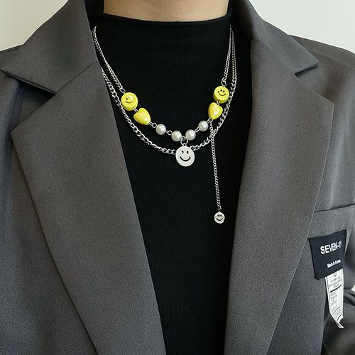 Collier En Acier Titane Perle Smiley Jaune Doux Et Frais Marée Féminine Ne Se Décolore Pas Dans La Chaîne Hip Hop Double Clavicule Lvn1981