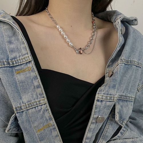 Collier Papillon Couture Perle Chaîne Clavicule Hip Hop Acier Titane Femme Lvn2066