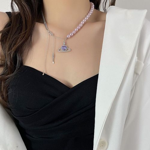 Collier De Perles De Pompon D'amour Violet Chaîne De Clavicule Ins Hip Hop Femme Lvn2061