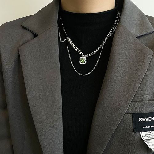 Collier En Acier Titane Double Couche Diamant Carré Vert Chaîne Clavicule Ins Femme Lvn2050