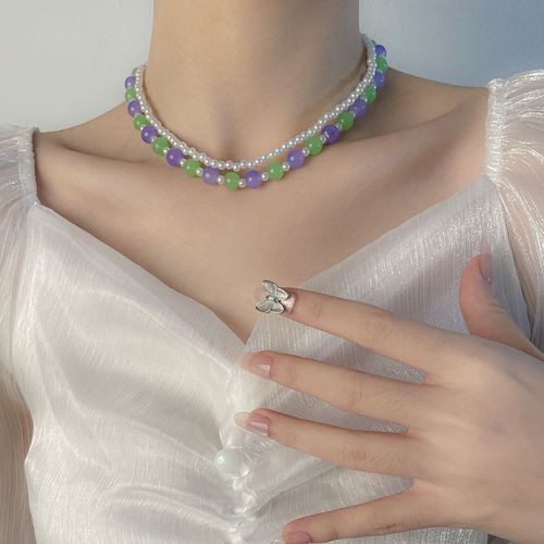 Collier De Perles Rondes Violet-Vert Pour Femme Ins Doux Et Cool Double Chaîne De Clavicule Lvn2040