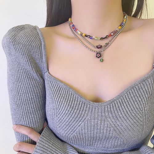 Ensemble De Trois Pièces De Fleurs En Verre Colorées Empilées Collier En Acier Au Titane Collier En Couches De Perles À La Main Pour Femmes Chaîne De Clavicule Lvn2080