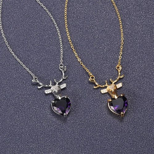 Collier En Bois De Cerf Suspendu En Forme De Coeur En Zircon En Forme De Coeur Collier D'amour En Zircon Violet Noble Noël Lvn2308