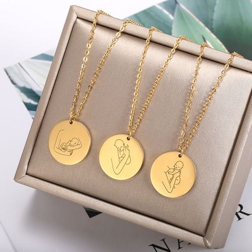 Collier Commémoratif De La Fête Des Mères En Acier Inoxydable 18 Carats Pendentif Disque Mère Bébé Dessin Animé Pendentif Lvn2378