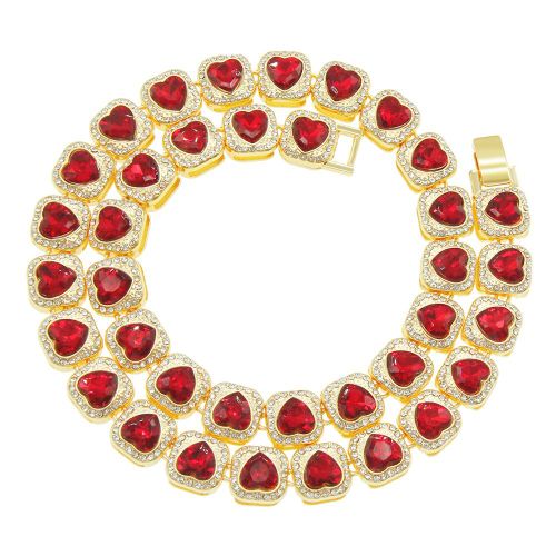 Collier De Chaîne Cubaine En Diamant Rouge Avec C¿Ur Plein De Diamants Exagéré Pour Hommes Lvn2730