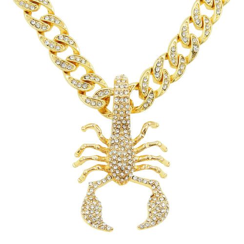 Hip-Hop En Trois Dimensions Plein Diamant Scorpion Forme Pendentif Collier Hipster Punk Moto Porter Collier Chaîne Cubaine Lvn2842