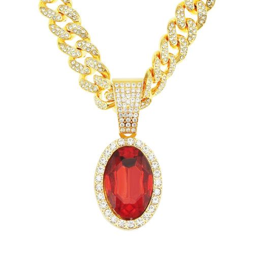 Rubis Ovale Pendentif Grosse Boucle Chaîne Cubaine Collier Hommes Hip Hop Hip Hop Lvn2925