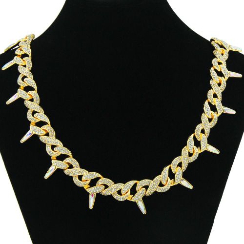 Cool Plein Diamant Feuille Torsion Boucle Couture Chaîne Cubaine Collier Diamant Coloré Avec Épine Hipster Collier Pour Hommes Lvn2970