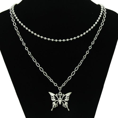 Titane Acier Double Couche Perle Chaîne À La Mode Collier Dames Papillon Pendentif Clavicule Chaîne Ensemble Collier Lvn3045