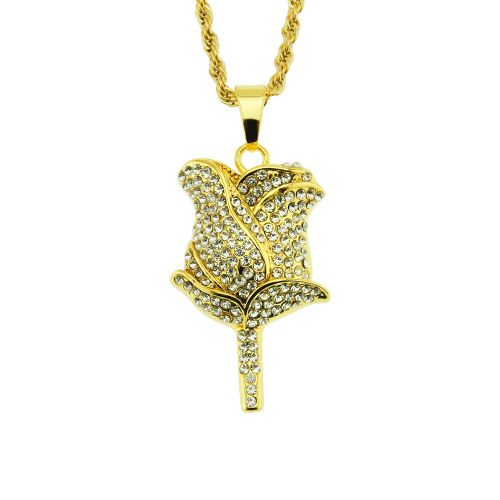 Hip-Hop En Trois Dimensions Diamant Rose Forme Pendentif Hiphop Discothèque Dj Bar Collier Lvn3500
