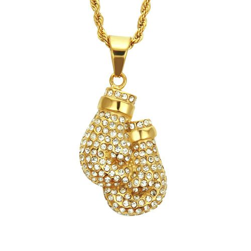 Collier Hip Hop Homme Diamant Or Gants De Boxe Pendentif Boxingglovespend Lvn3574