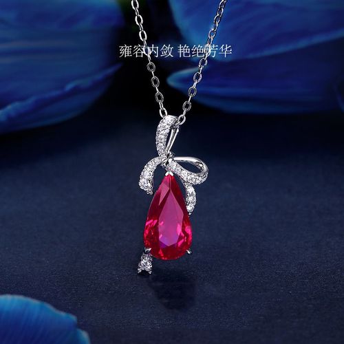 Goutte D'eau Poire Forme Rose Rouge Diamant Ruban Pendentif Imitation Rubellite Teardrop Bow Collier Lvn3940