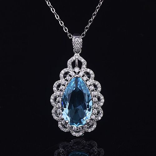 Plein De Diamants Incrustés De Topaze Bleue De La Mer Goutte D'eau Poire Collier Fête De Mariage Fête Pendentif En Argent Femmes Lvn4028